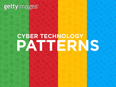 Four different Cyber technology seamless patterns with thin line icons ...