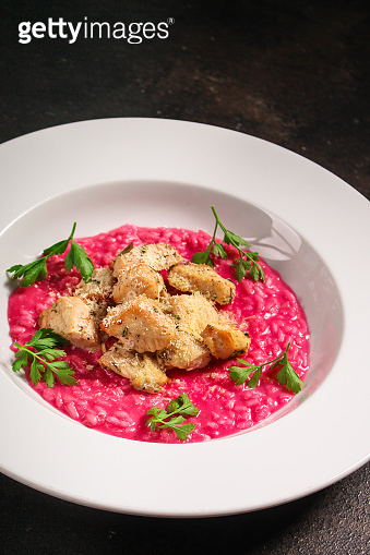 risotto chicken meat (red rice with beetroot flavor, delicious main ...