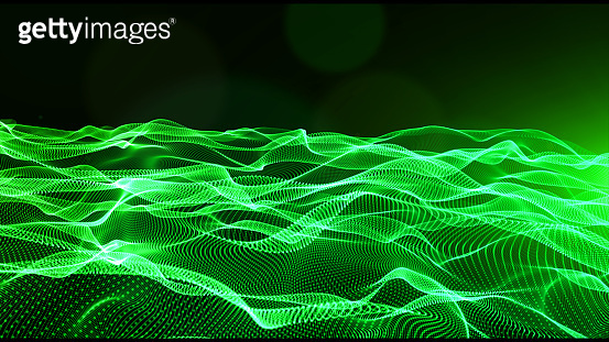 Abstract green color digital particles wave with bokeh and light ...