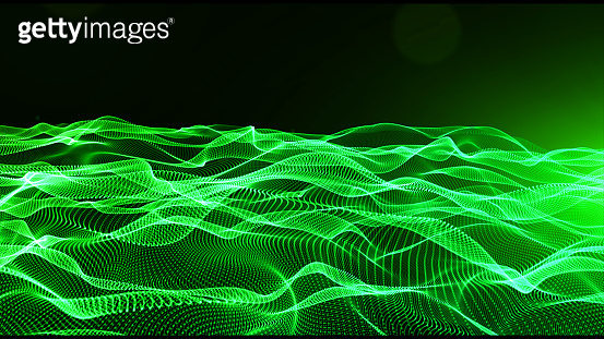 Abstract green color digital particles wave with bokeh and light ...