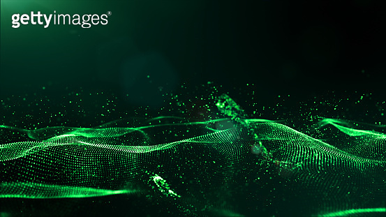 Abstract green color digital particles wave with dust and light ...