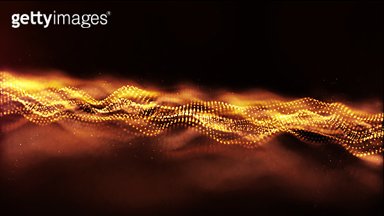 Abstract gold color digital particles wave with dust and light ...
