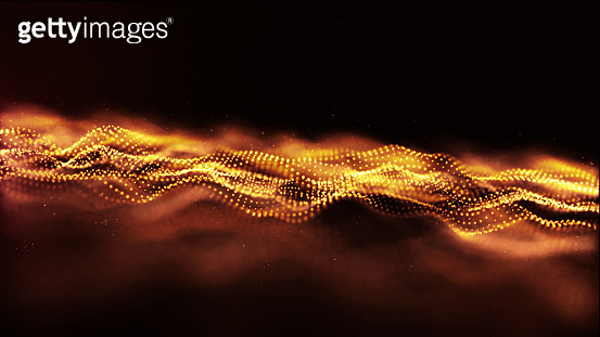 Abstract gold color digital particles wave with dust and light ...