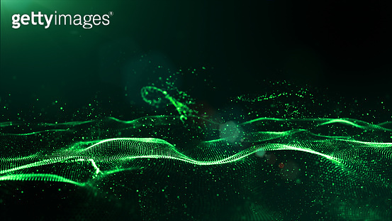 Abstract green color digital particles wave with dust and light ...