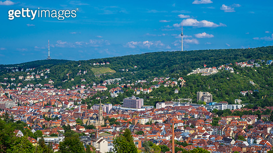 Germany, Cityscape of stuttgart city skyline from above in valley and ...