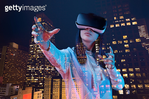 double exposure of brunette girl gesturing while wearing virtual ...