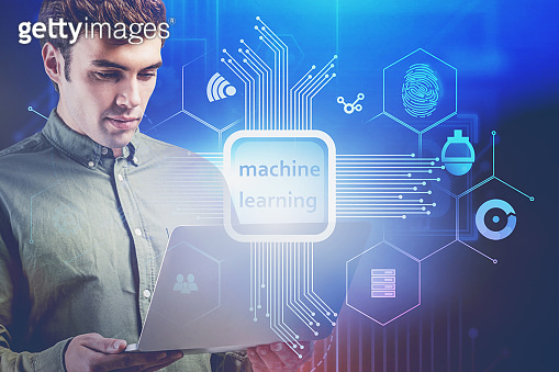Machine Learning Man Man with laptop using machine learning interface 이미지 (1192643094) - 게티이미지뱅크