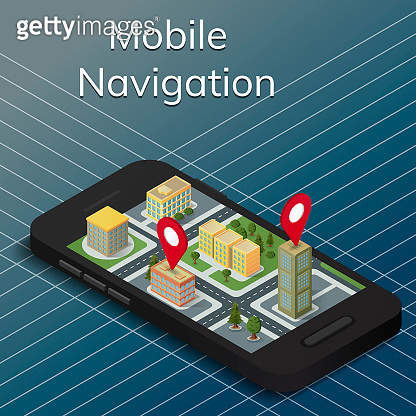 Isometric GPS mobile navigation. Smartphone with 3D map. Vector ...