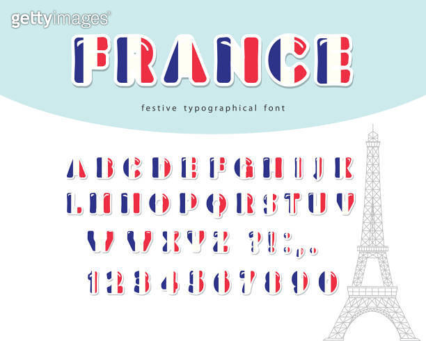 France font. French flag colors. Paper cutout glossy ABC letters and ...