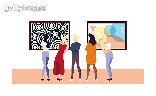 Group Viewing Vector group of people in contemporary art gallery, exhibition visitors ...