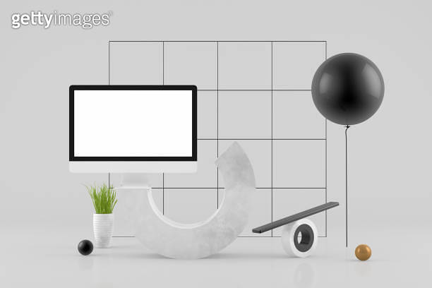 3D Empty Computer Screen with Abstract Geometric Shapes on Gray ...
