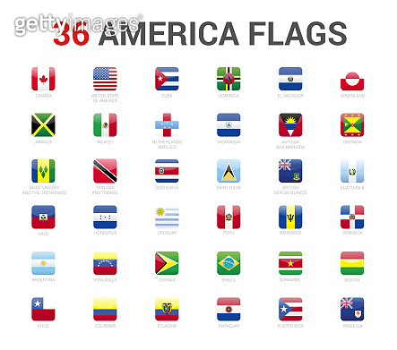 America flags of country. 36 flag rounded square icons Vector on White ...