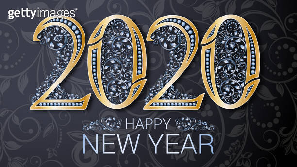 Gold inscription Happy New Year 2020. Refined leafy silver jewelry ...