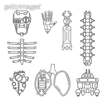 Bionic robot skull, spine, pelvic bone, rib cage, heart, arm, lungs ...