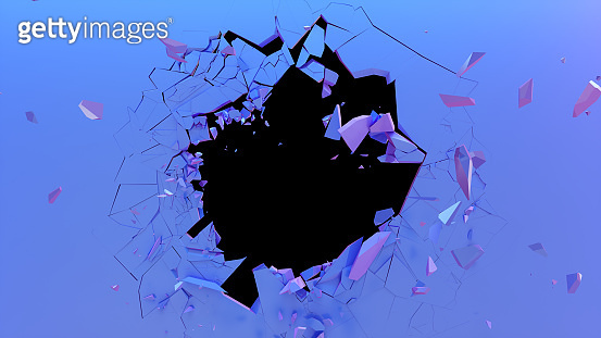 Broken wall dark pastel-violet color. Wall shatters into thousands of ...