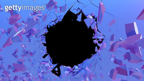 Broken wall dark pastel-violet color. Wall shatters into thousands of ...