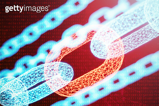 3D illustration digital block chain code. Chain links network. Low ...