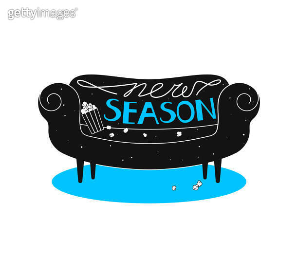 Sofa with the words "new season" and popcorn. Funny poster announcing a