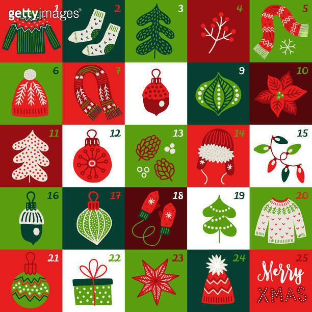 Christmas Advent Calendar with sweater, socks, fir tree, berries, scarf