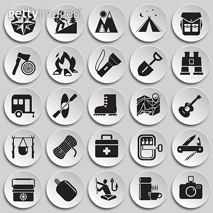 Camping icons set on plates background for graphic and web design