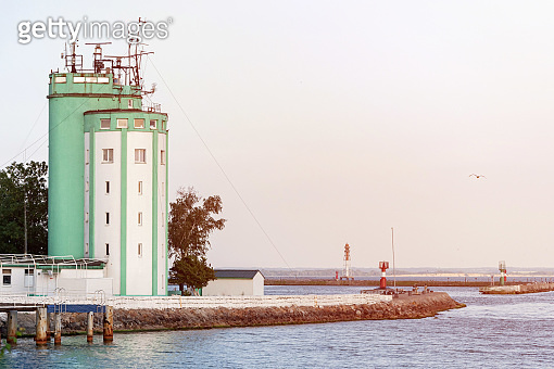 Pilot tower in seaport. Sea traffic control and ships management. Tower ...