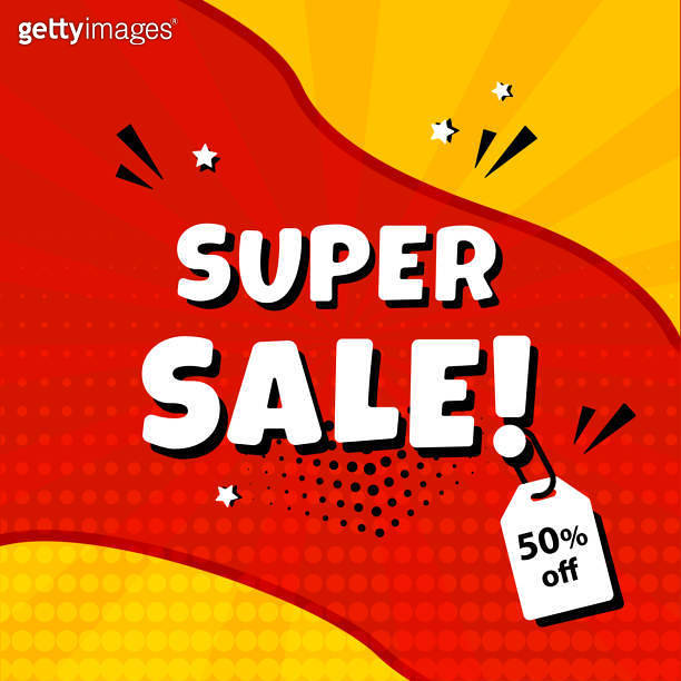 Super sale. Template banner promotion with price tag, discount. Comic
