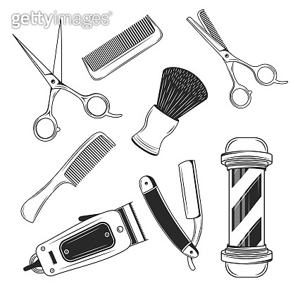 Vintage barber shop set items. Barbershop design elements. Barber pole ...