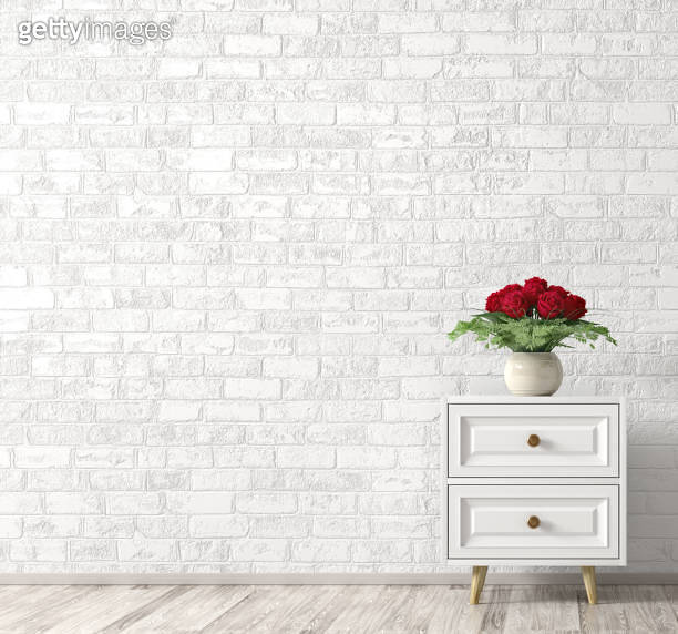 Interior with white wooden and bouquet of red roses, home decor