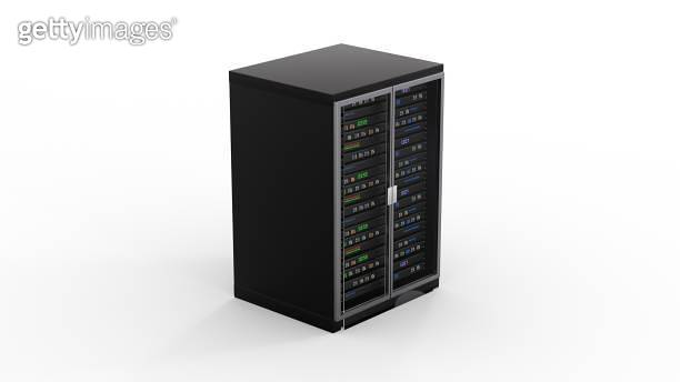 Modern server rack. Server rack image. Isolated on white background. 3d ...