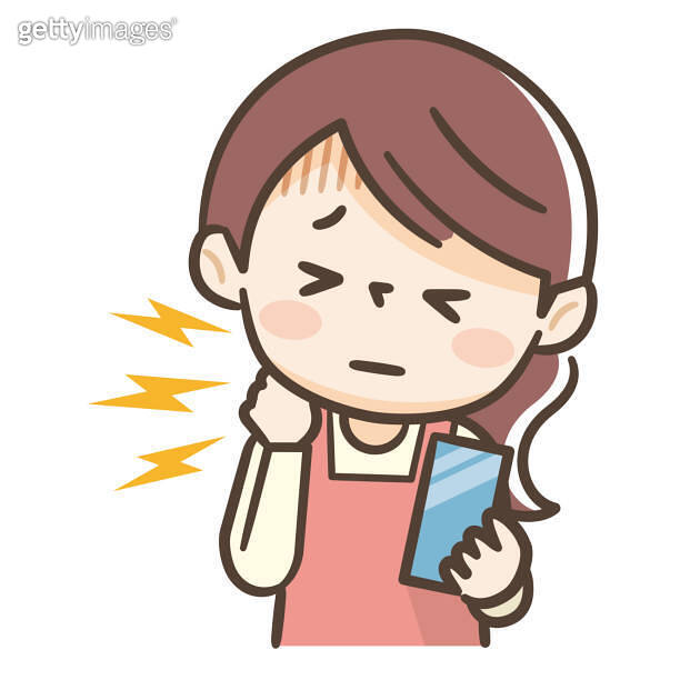 Shot of a tired housewife with neck pain holding her mobile phone 이미지