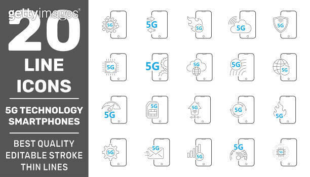 5G technology in smartphones. Minimal set of smartphone line icons ...