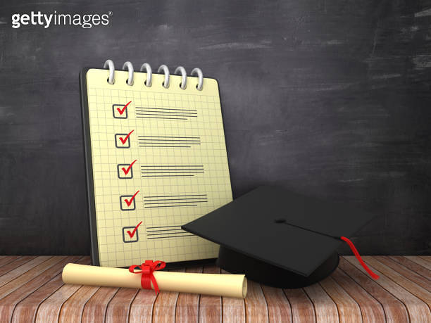 Check List Note Pad with Graduation Cap on Chalkboard Background - 3D ...