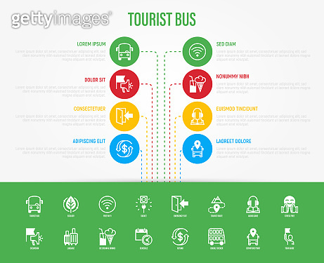 Tourist bus infographic with thin line icons: free wi-fi, schedule ...