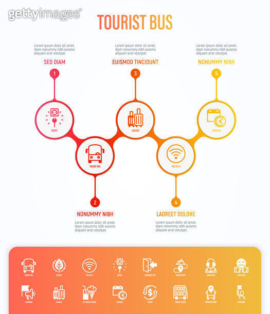 Tourist bus infographic with thin line icons: free wi-fi, schedule ...
