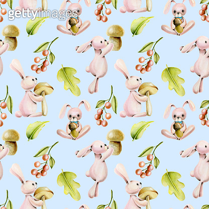 Seamless pattern with watercolor cute rabbits and autumn plants, hand ...