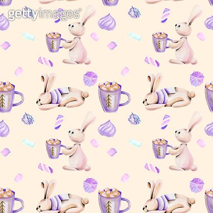 Seamless pattern with watercolor cute rabbits and marshmallow, hand ...