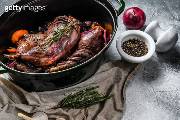 Rabbit with Vegetable in White Wine Sauce, Stewpot. Organic farm meat ...