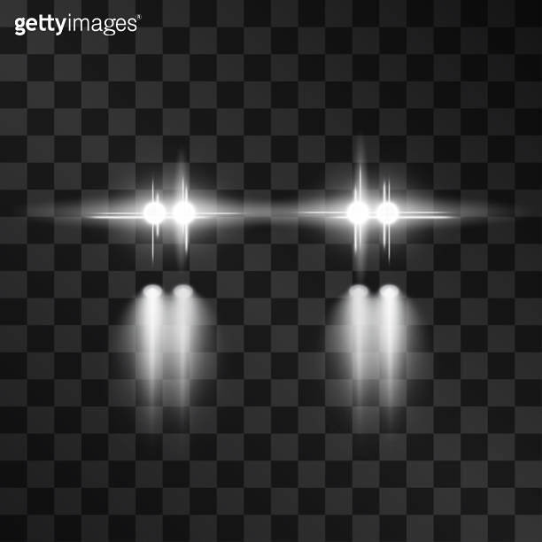 Car white headlights vector set isolated on transparent background