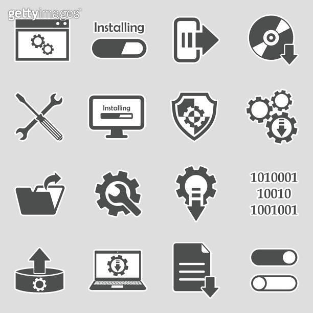 Setup Install Icon Setup, Installation And Configuration Icons. Sticker Design. Vector ...