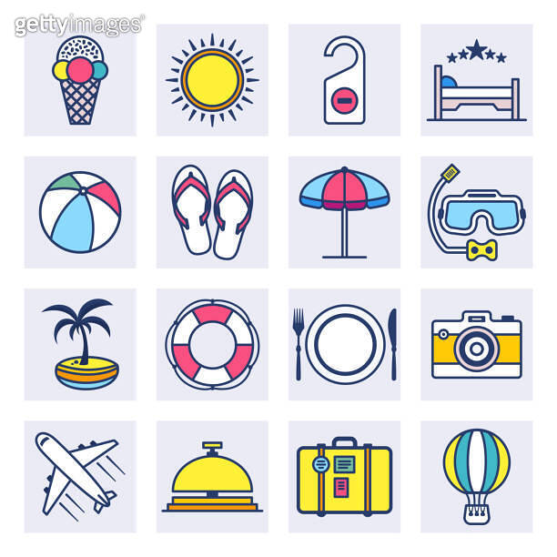 Summer Vacation Destinations Flat Line Style Vector Icon Set 이미지 ...