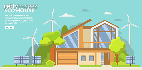 View of Green energy an eco friendly traditional suburban american house. Solar ...