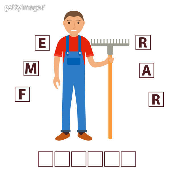 Game words puzzle cartoon character the farmer with a rake.Education