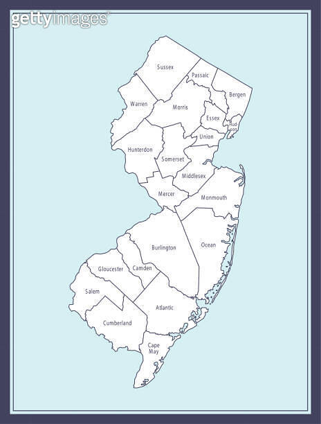 New Jersey counties map printable 이미지 (1187098131) - 게티이미지뱅크