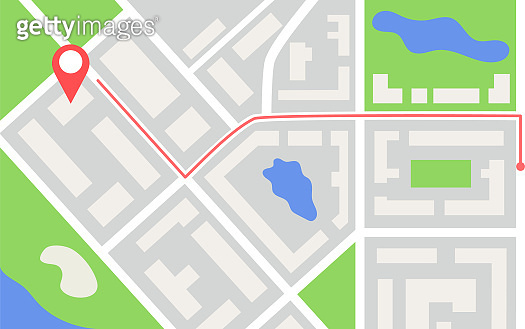 Detailed city map with streets, houses, roads, ponds and parks. Geo ...