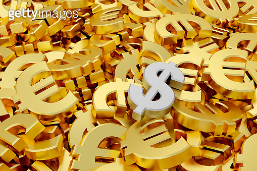 Silver dollar sign in the midst of golden euro signs. 3D rendering. 이미지 ...