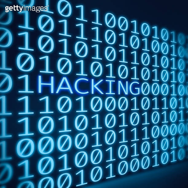 Inscription hacking between binary code digits on blue digital screen ...