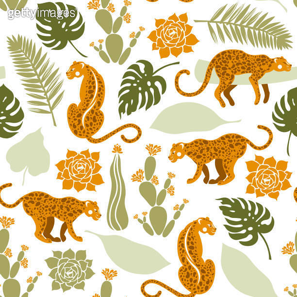 Seamless pattern with leopards in tropical leaves, cacti and succulents ...