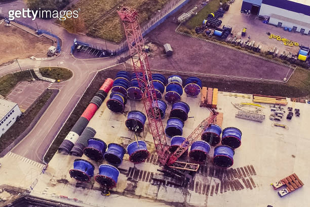 A warehouse of cable bays in cargo port. Cargo port and equipmen ...