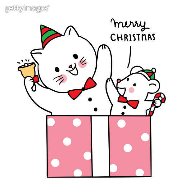 Hand draw cartoon cute Merry Christmas, Cat and moues in big gift box vector. 이미지 (1281626373