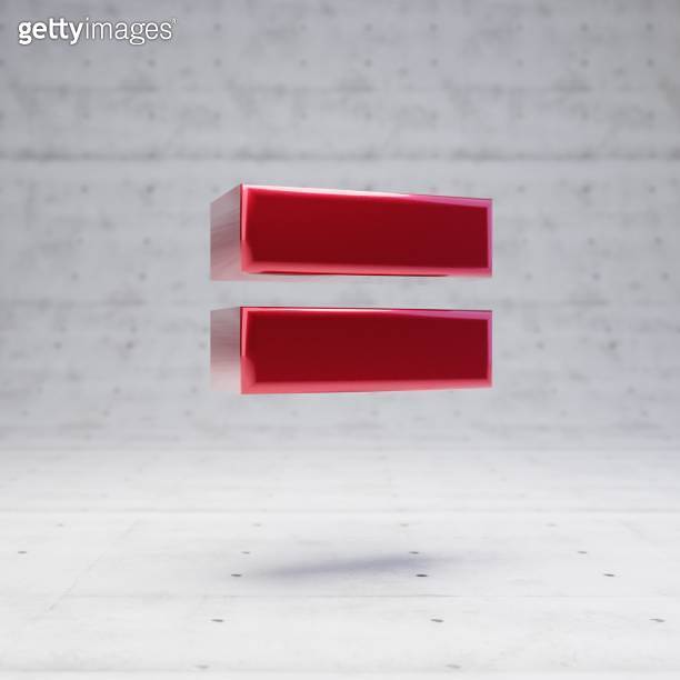 Red equals symbol. Metallic red color character isolated on concrete ...